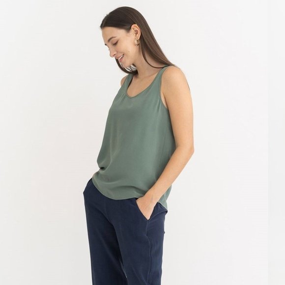 Grana Olive Green 100% Chinese Silk Scoop Neck Sleeveless Tank Top - Picture 7 of 7